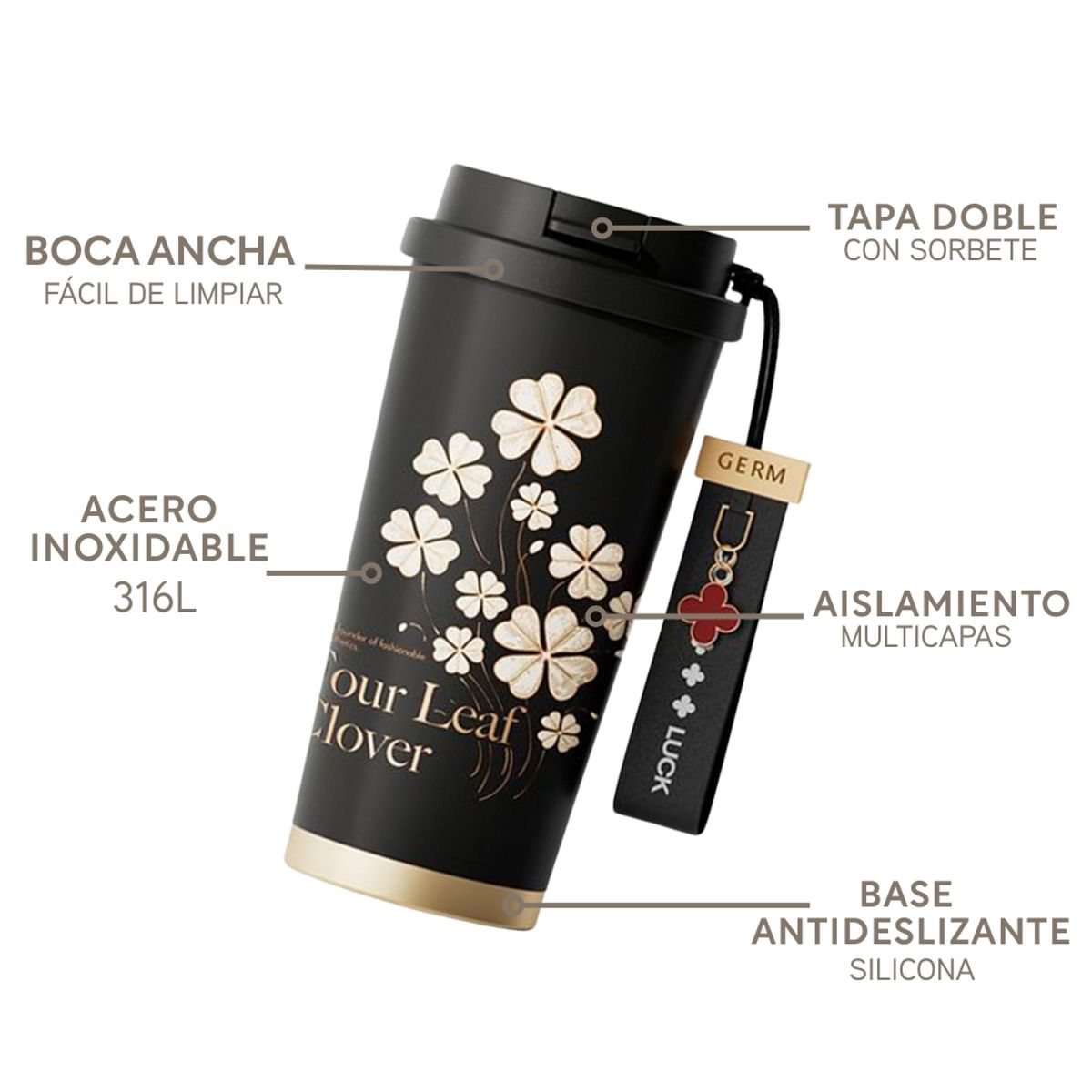 GERM - Vaso Térmico Germ De Acero Inox Trébol Negro 500ml / 19.6 Oz