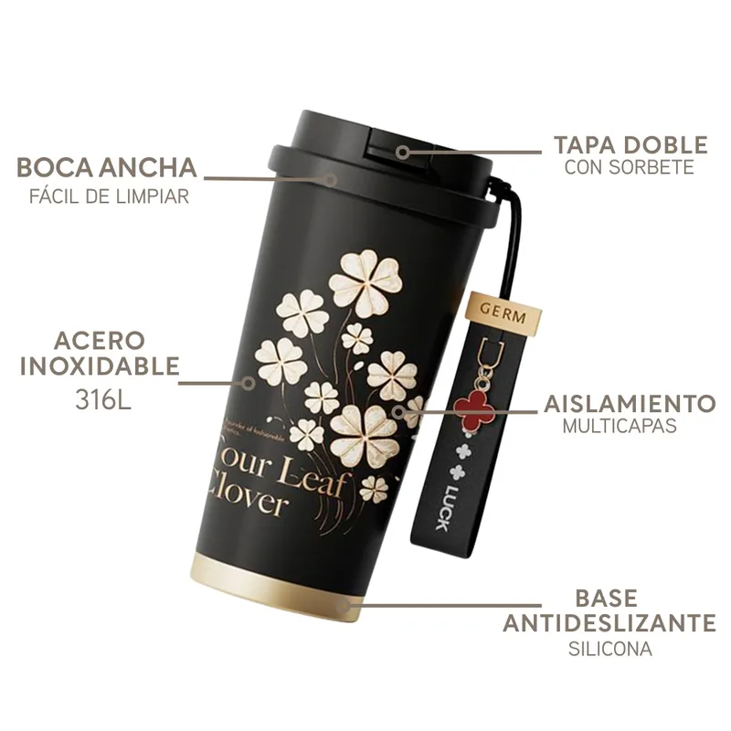 GERM - Vaso Térmico Germ De Acero Inox Trébol Negro 500ml / 19.6 Oz