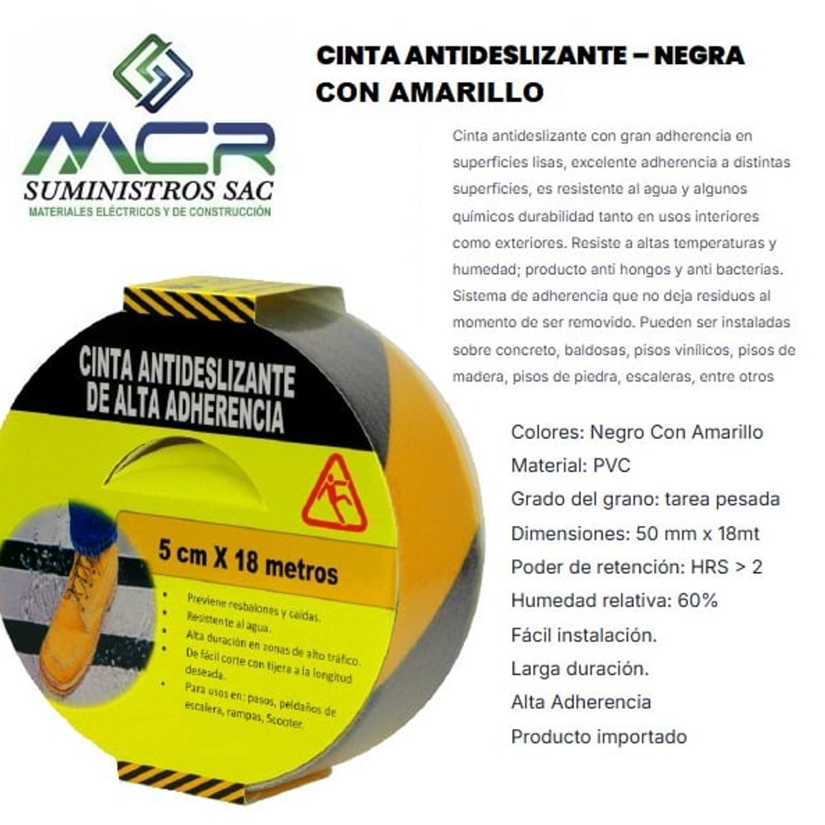 GENERICO - CINTA ANTIDESLIZANTE PVC DE 5CM DE ANCHO X18 METROS LARGO NEGRO CON AMARILLO