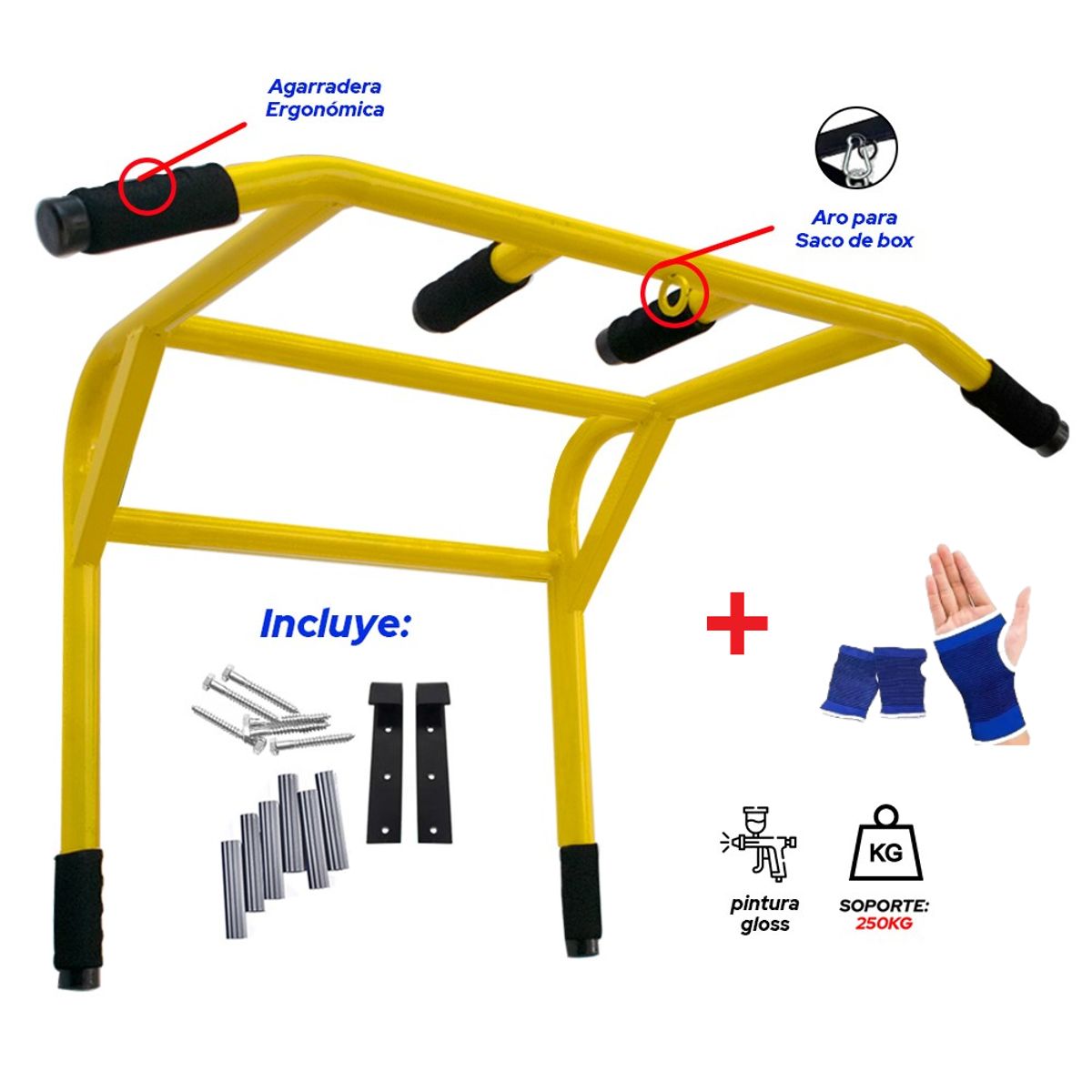 HOLGU - Barra Dominadas Premium 2 en 1 Uso Rudo 250kg Guantes