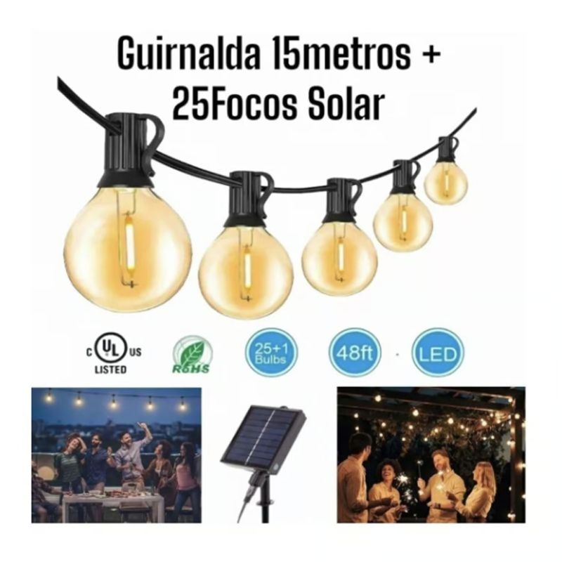 OEM - Guirnalda de 25Focos 15metros Vintage Exterior Recargable Solar
