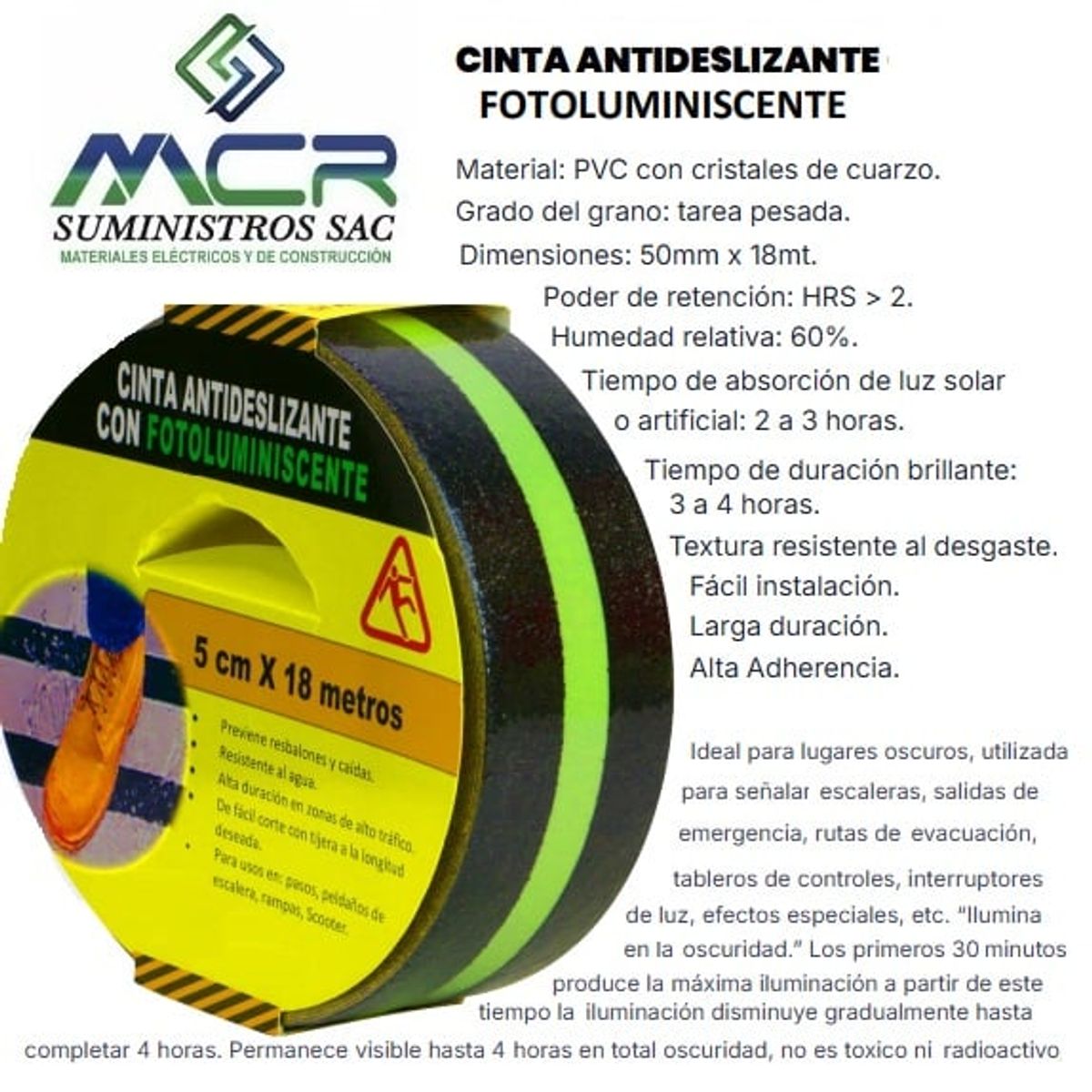 GENERICO - CINTA ANTIDESLIZANTE CON FOTOLUMINICENTE DE 2 " DE ANCHO X 18M LARGO