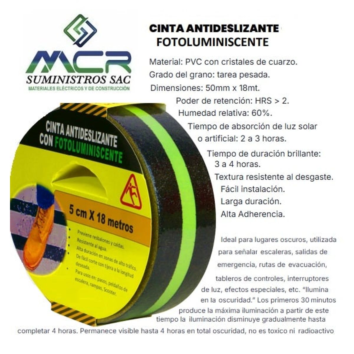 GENERICO - CINTA ANTIDESLIZANTE CON FOTOLUMINICENTE DE 2 " DE ANCHO X 18M LARGO