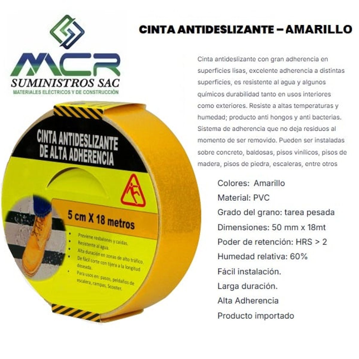 GENERICO - CINTA ANTIDESLIZANTE PVC DE 2 " DE ANCHO X18 METROS LARGO AMARILLO