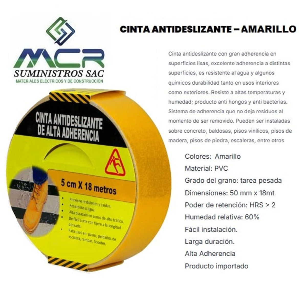GENERICO - CINTA ANTIDESLIZANTE PVC DE 2 " DE ANCHO X18 METROS LARGO AMARILLO