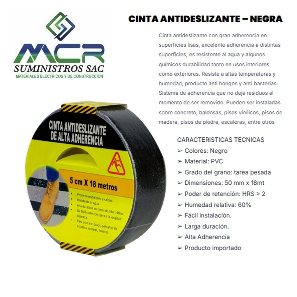 GENERICO - CINTA ANTIDESLIZANTE PVC DE 2 " DE ANCHO X18 METROS LARGO NEGRO
