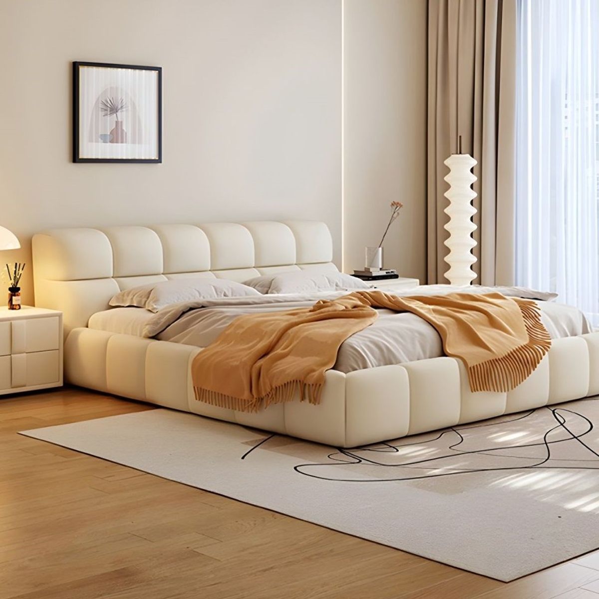 GENERICO - Cama Cami Cuadros King Plz + 2 Veladores - Blanco