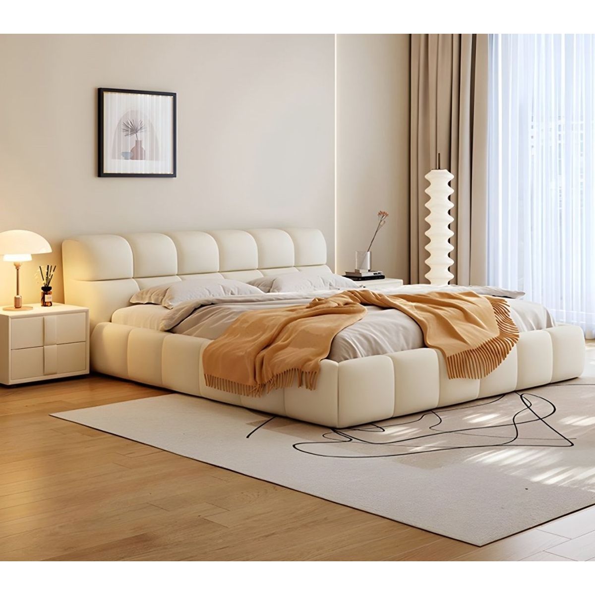 GENERICO - Cama Cami Cuadros King Plz + 2 Veladores - Blanco