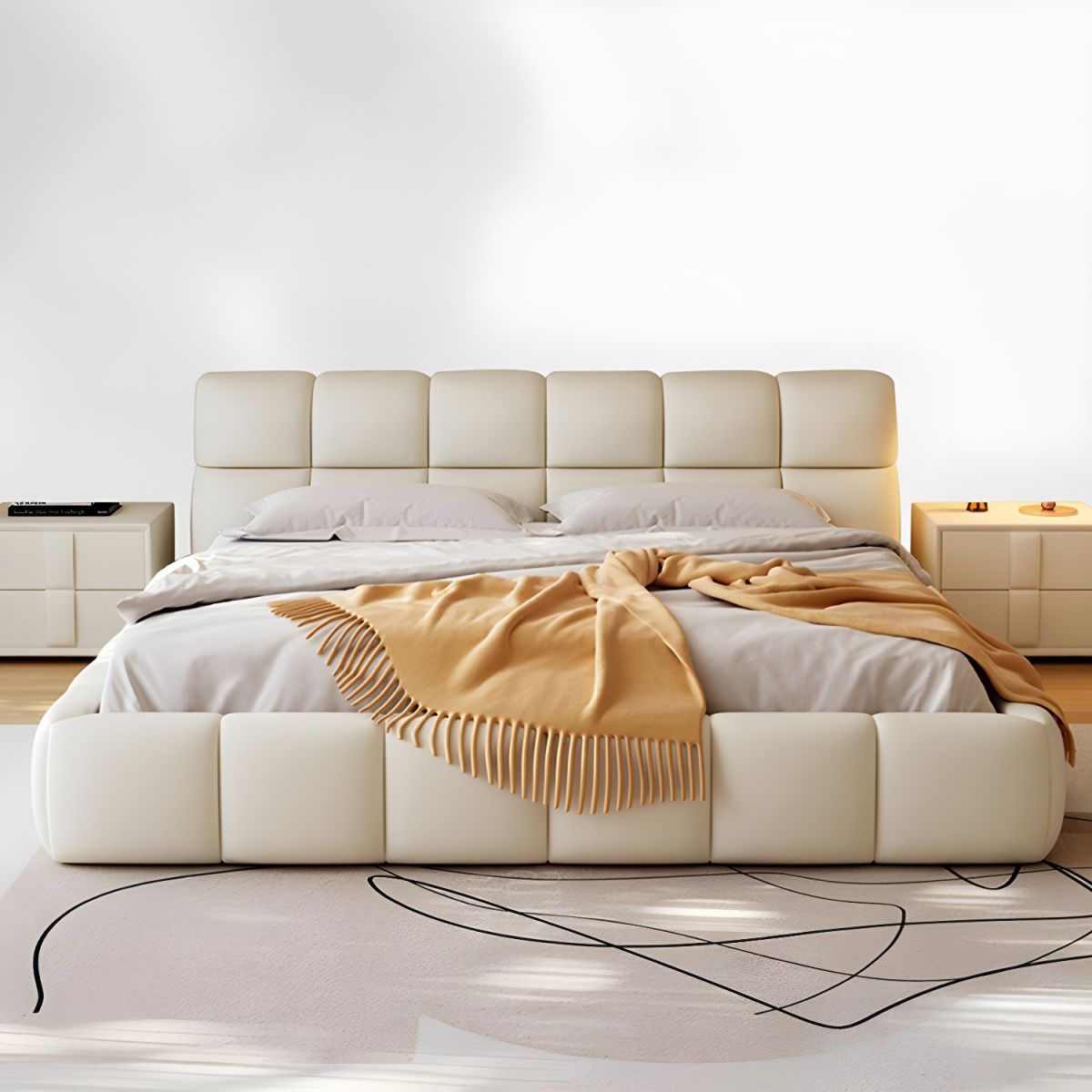 GENERICO - Cama Cami Cuadros King Plz + 2 Veladores - Blanco