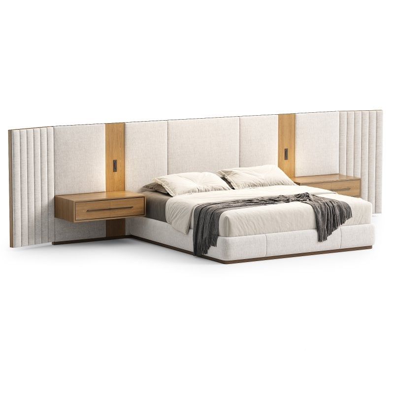 GENERICO - Cama Tapizada Antu + 2 Veladores - Beige y Marrón