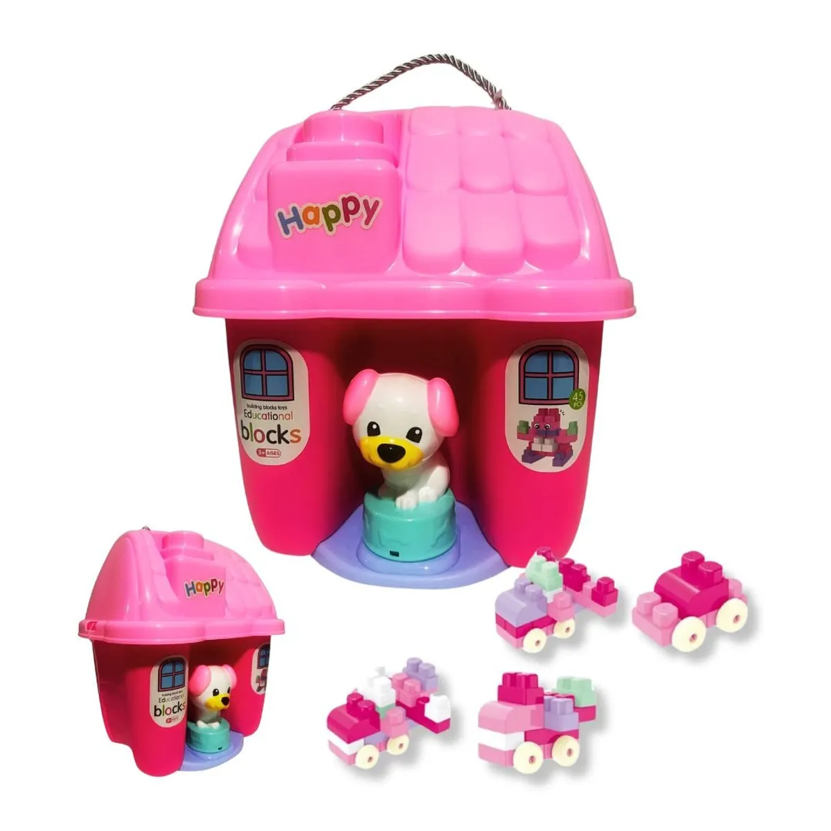 GENERICO - Casa Rosa Montessori XL con Perrito Mascotita y Bloques tipo Legos – 45 piezas