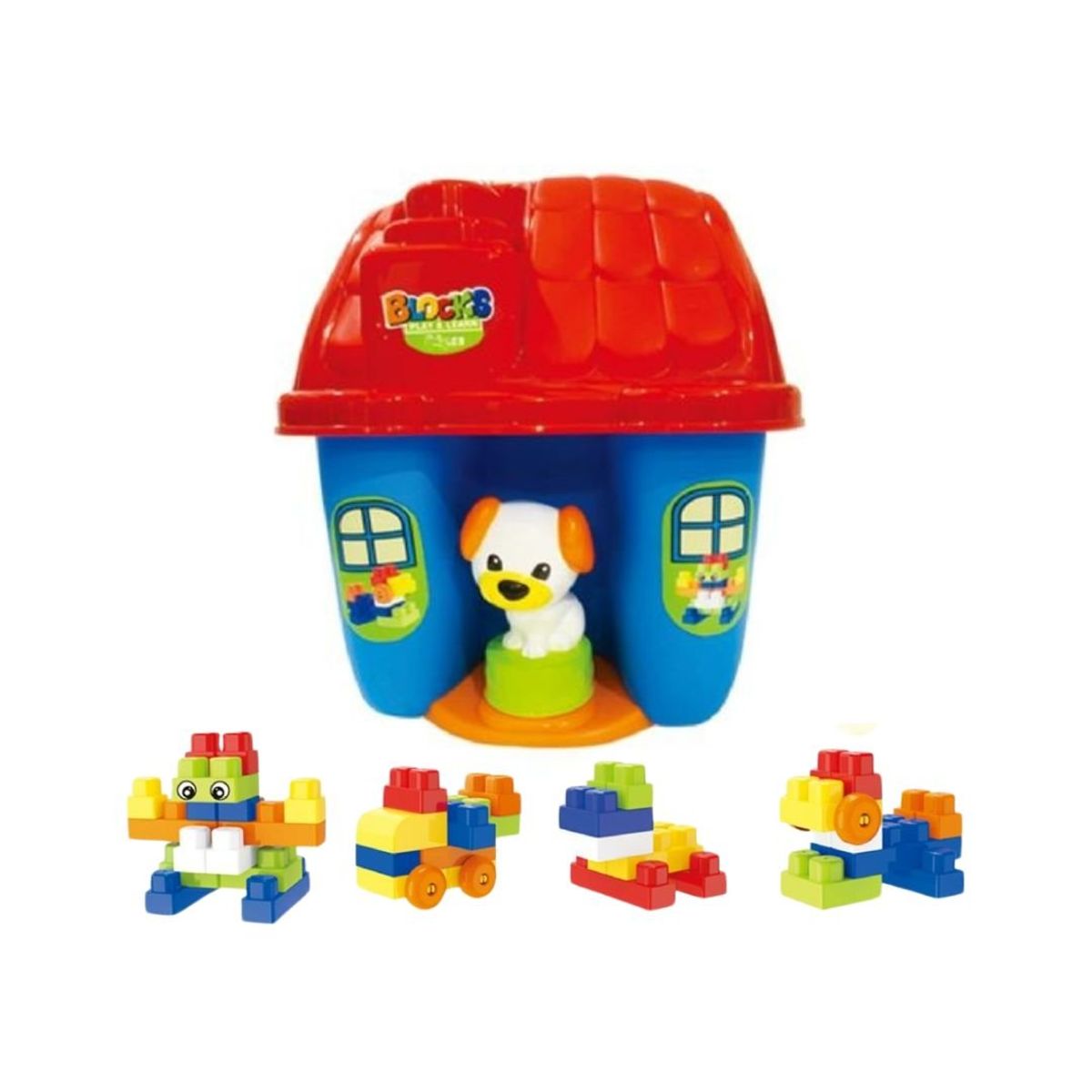 GENERICO - Casa Azul Montessori XL con Perrito Mascotita y Bloques tipo Legos – 45 piezas