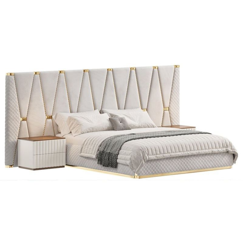 GENERICO - Cama Tapizada Antu + 2 Veladores Queen - Beige y Marrón