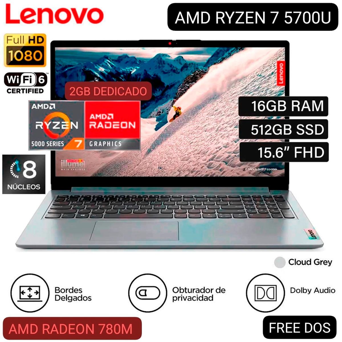 LENOVO - Laptop Lenodo Ideapad 1 15ALC7 82R400ACLM 15.6" FHD AMD RYZEN 7 5700U 16GB RAM 512GB SSD Free Dos