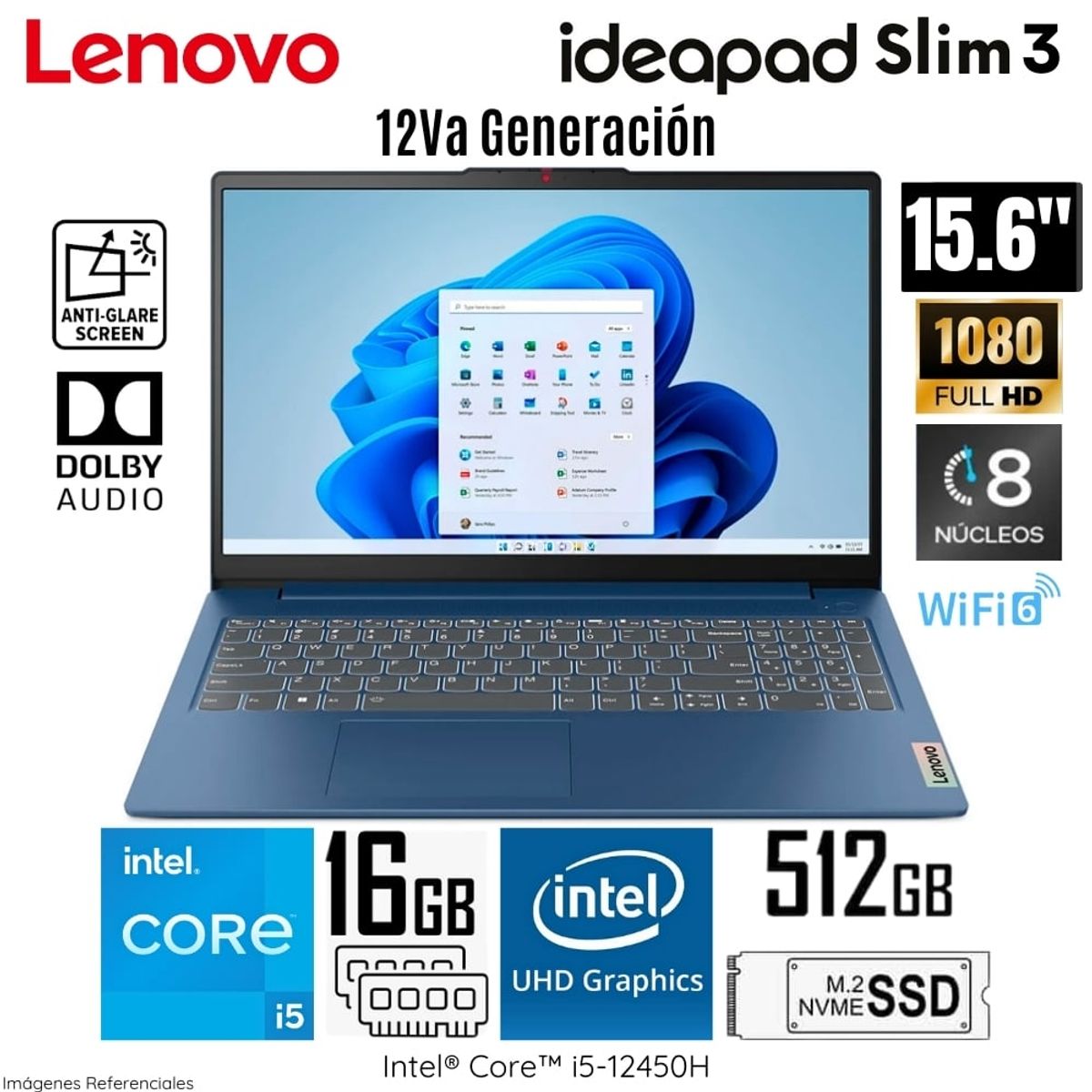 LENOVO - Laptop Lenovo IdeaPad Slim 3 15IAH8 Intel Core i5-12450H 16GB RAM 512GB SSD 15.6” FHD - 83ER001DLM