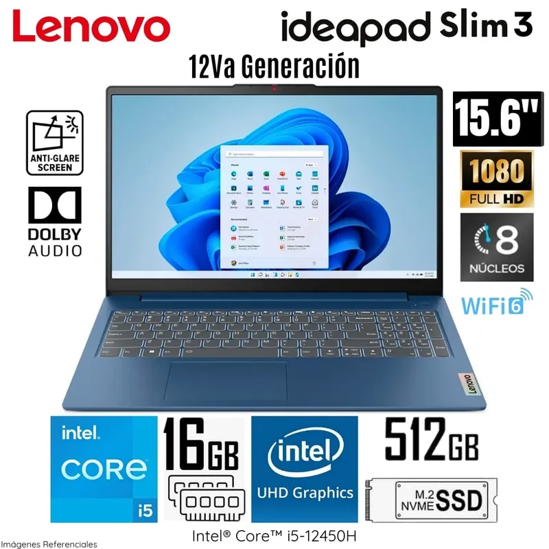 LENOVO - Laptop Lenovo IdeaPad Slim 3 15IAH8 Intel Core i5-12450H 16GB RAM 512GB SSD 15.6” FHD - 83ER001DLM