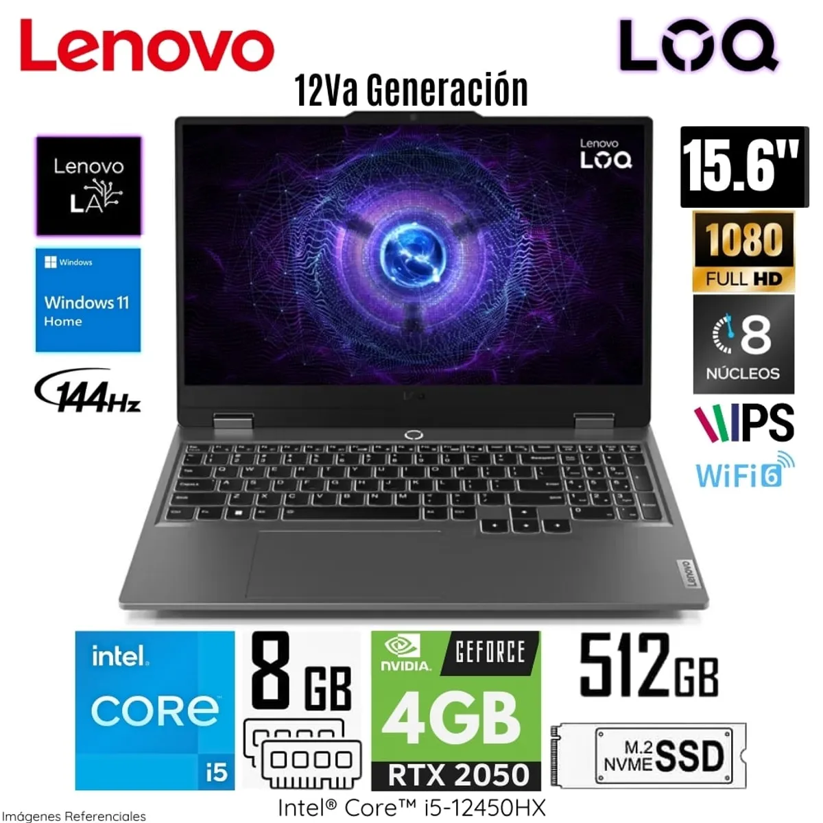 LENOVO - Laptop Gamer Lenovo LOQ Intel Core i5-12450HX 8GB DDR5 RAM 512GB SSD RTX 2050 - 83GS004LLM