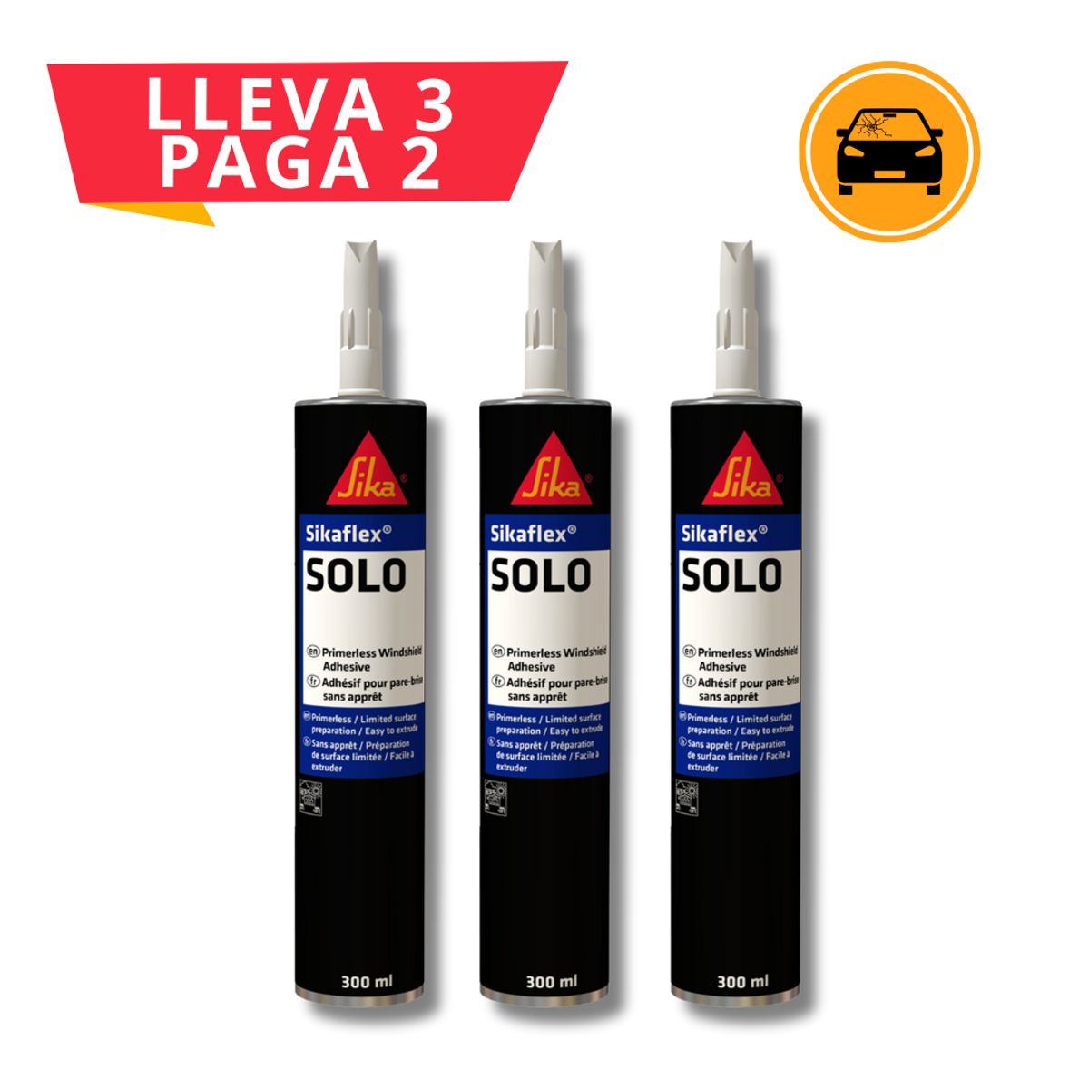 SIKA - 3x2 Adhesivo para parabrisas Sikaflex Solo x 300 ml - Negro