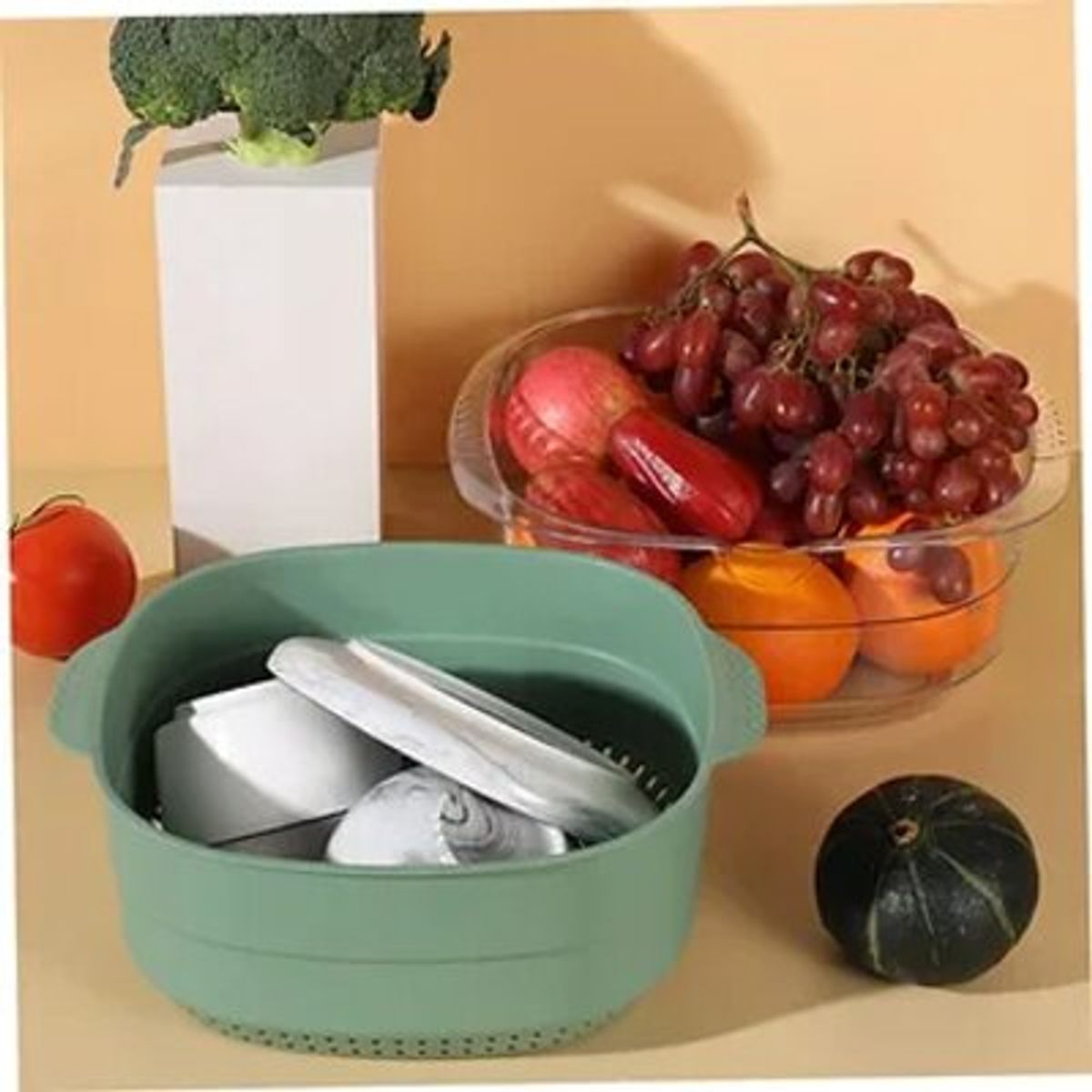 GENERICO - COLADOR MULTIUSOS DE DOS PIEZAS PARA ALIMENTOS COLOR VERDE