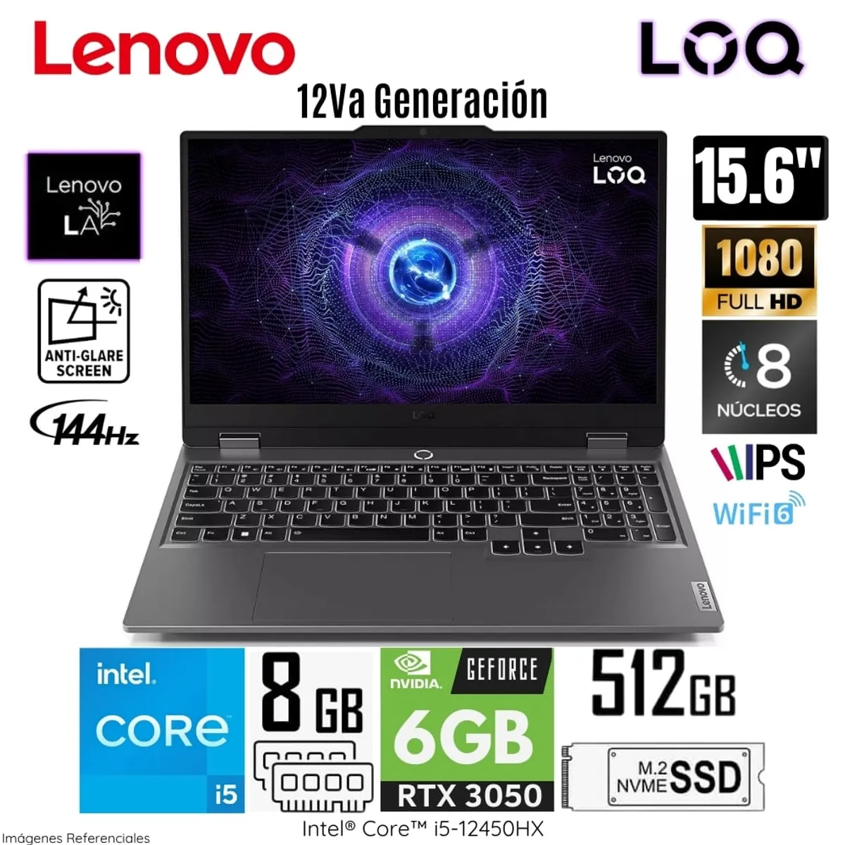 LENOVO - Laptop Lenovo LOQ 15IAX9 Intel Core i5-12450HX 8GB RAM 512GB SSD 15.6 " FHD RTX3050-6GB - 83GS006WLM