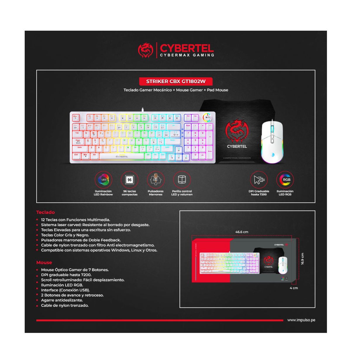 CYBERTEL - KIT CBX GT1802W TECLADO GAMER MECANICO + MOUSE + PAD CYBERTEL