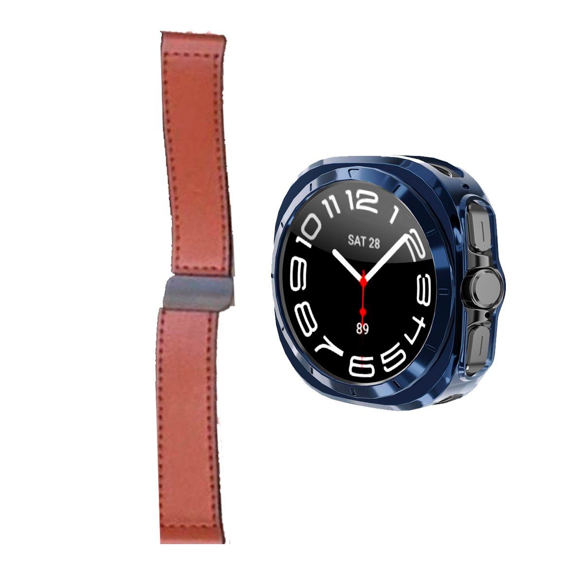GENERICO - Bumper Azul + Correa De Cuero Para Samsung Watch 7 Ultra 47mm Marron