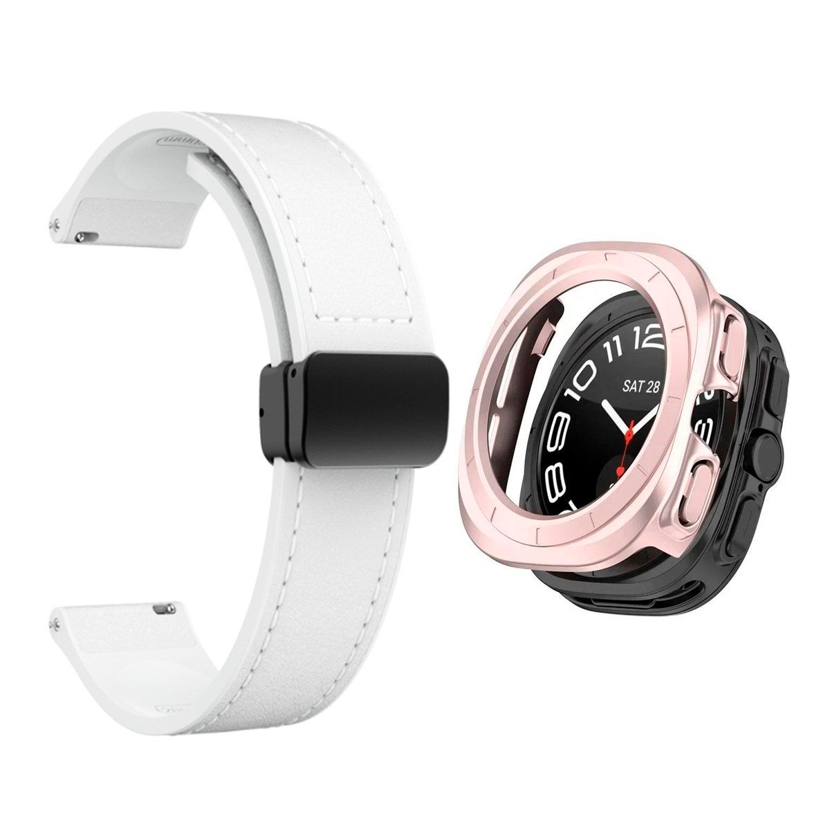 GENERICO - Bumper Rosa + Correa De Cuero Para Samsung Watch 7 Ultra 47mm Blanco