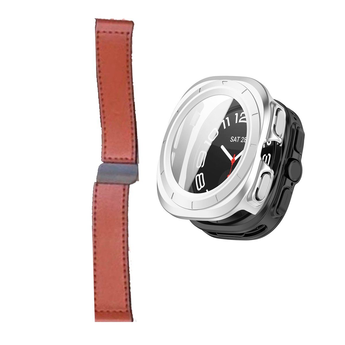 GENERICO - Bumper Plata + Correa De Cuero Para Samsung Watch 7 Ultra 47mm Marron