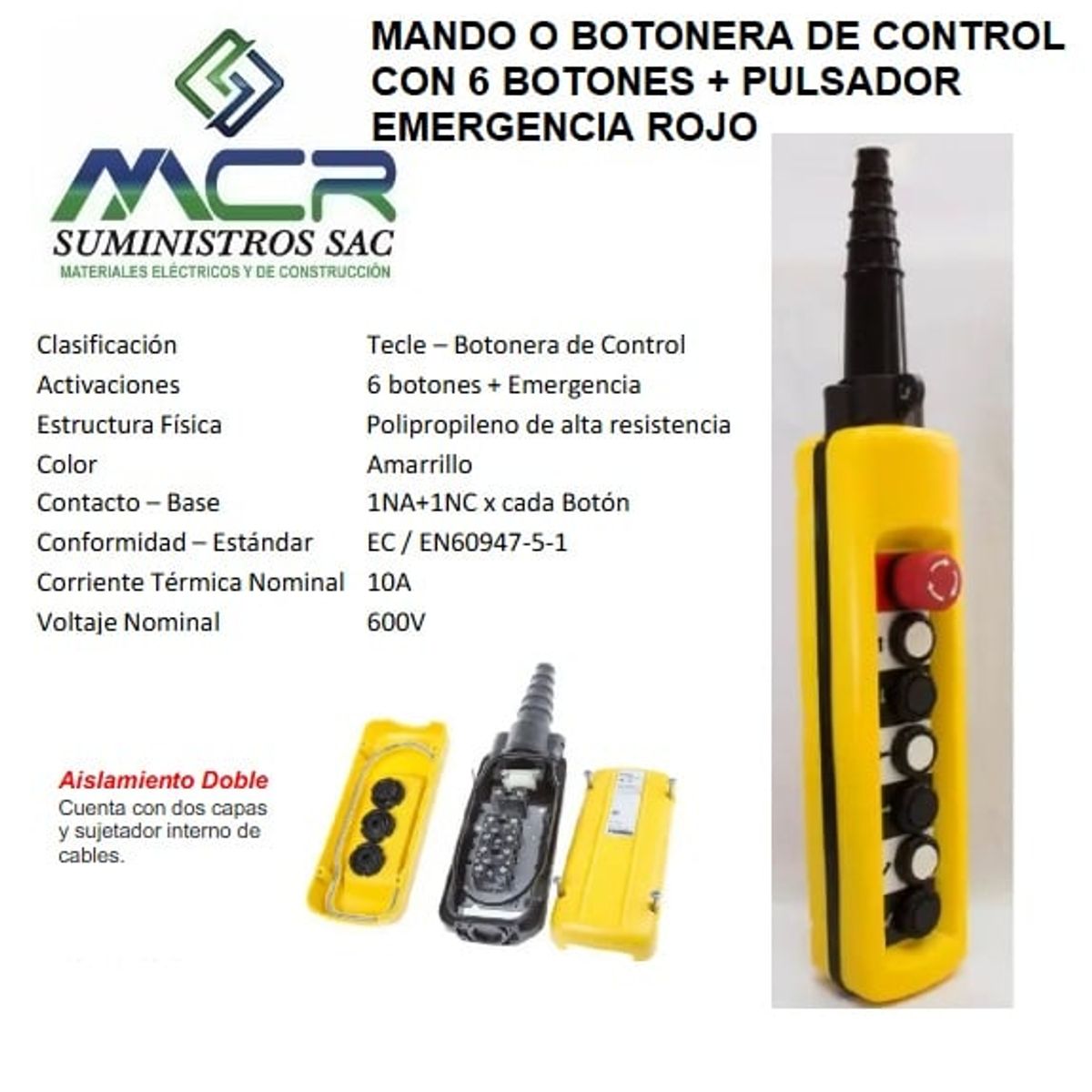 GENERICO - MANDO O BOTONERA DE CONTROL CON 6 BOTONES + PULSADOR EMERGENCIA ROJO