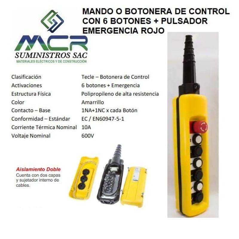 GENERICO - MANDO O BOTONERA DE CONTROL CON 6 BOTONES + PULSADOR EMERGENCIA ROJO
