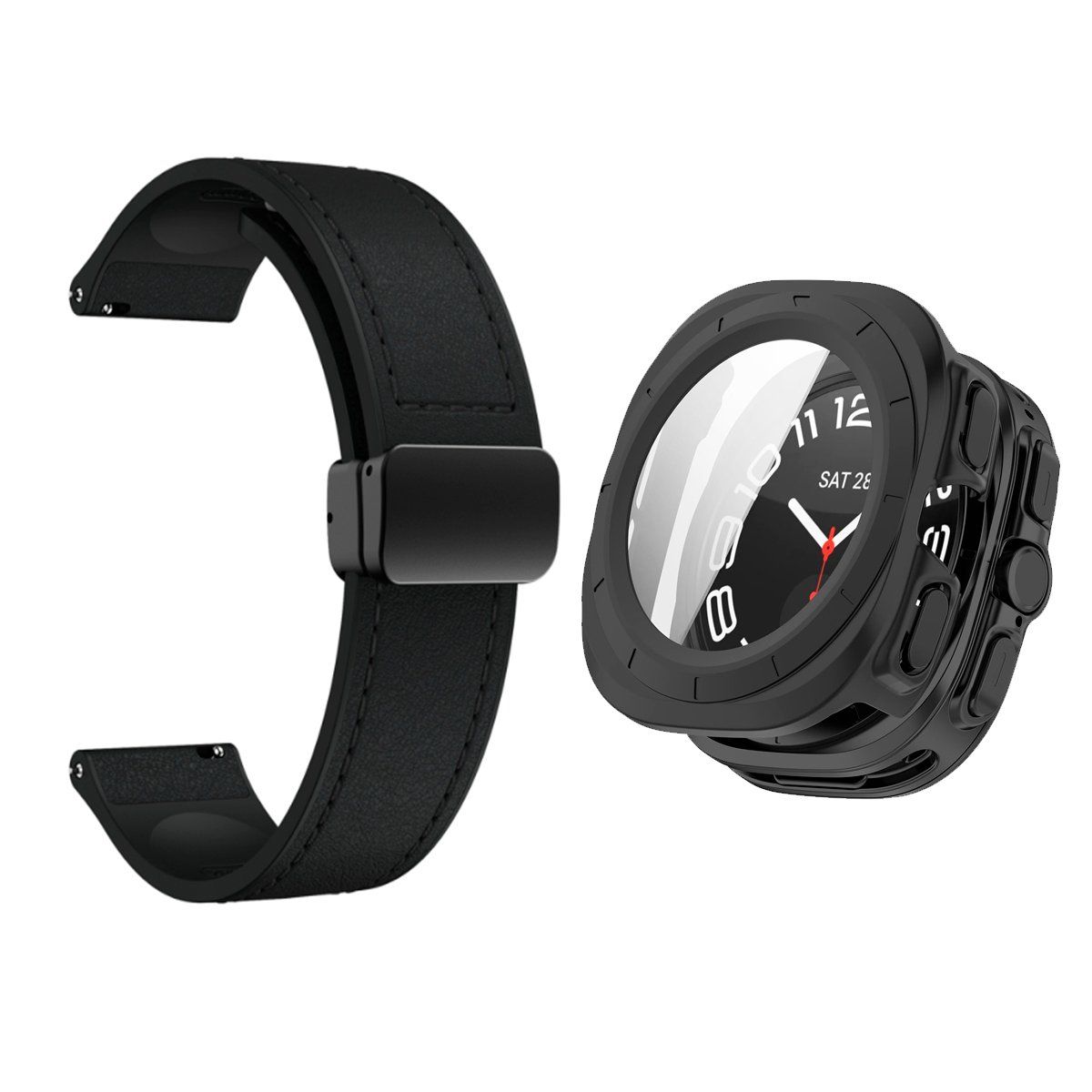 GENERICO - Bumper Negro + Correa De Cuero Para Samsung Watch 7 Ultra 47mm Negro
