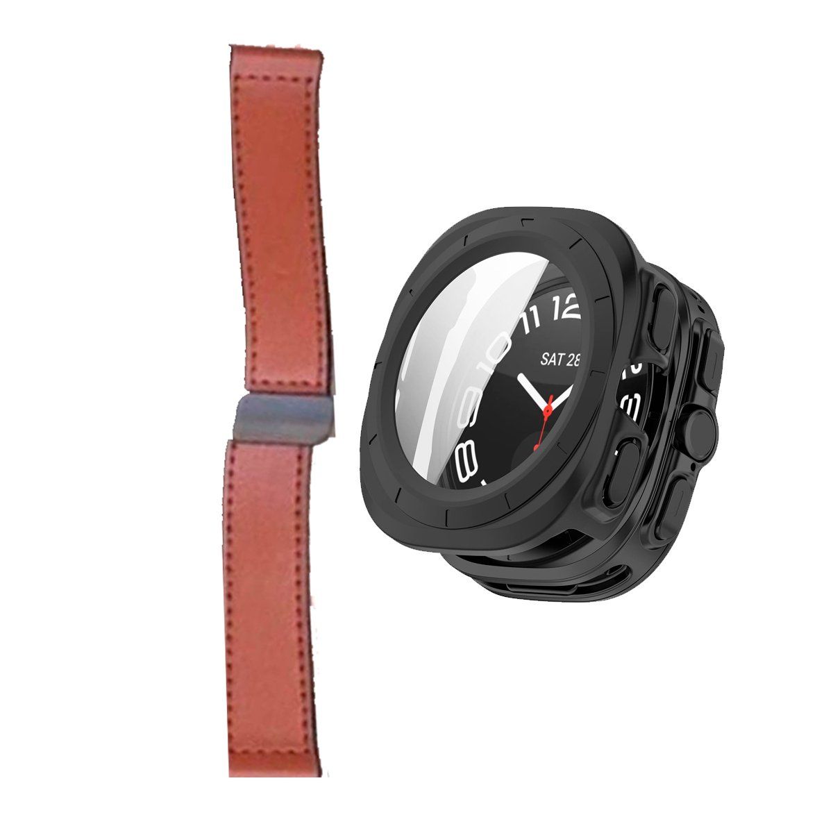 GENERICO - Bumper Negro + Correa De Cuero Para Samsung Watch 7 Ultra 47mm Marron