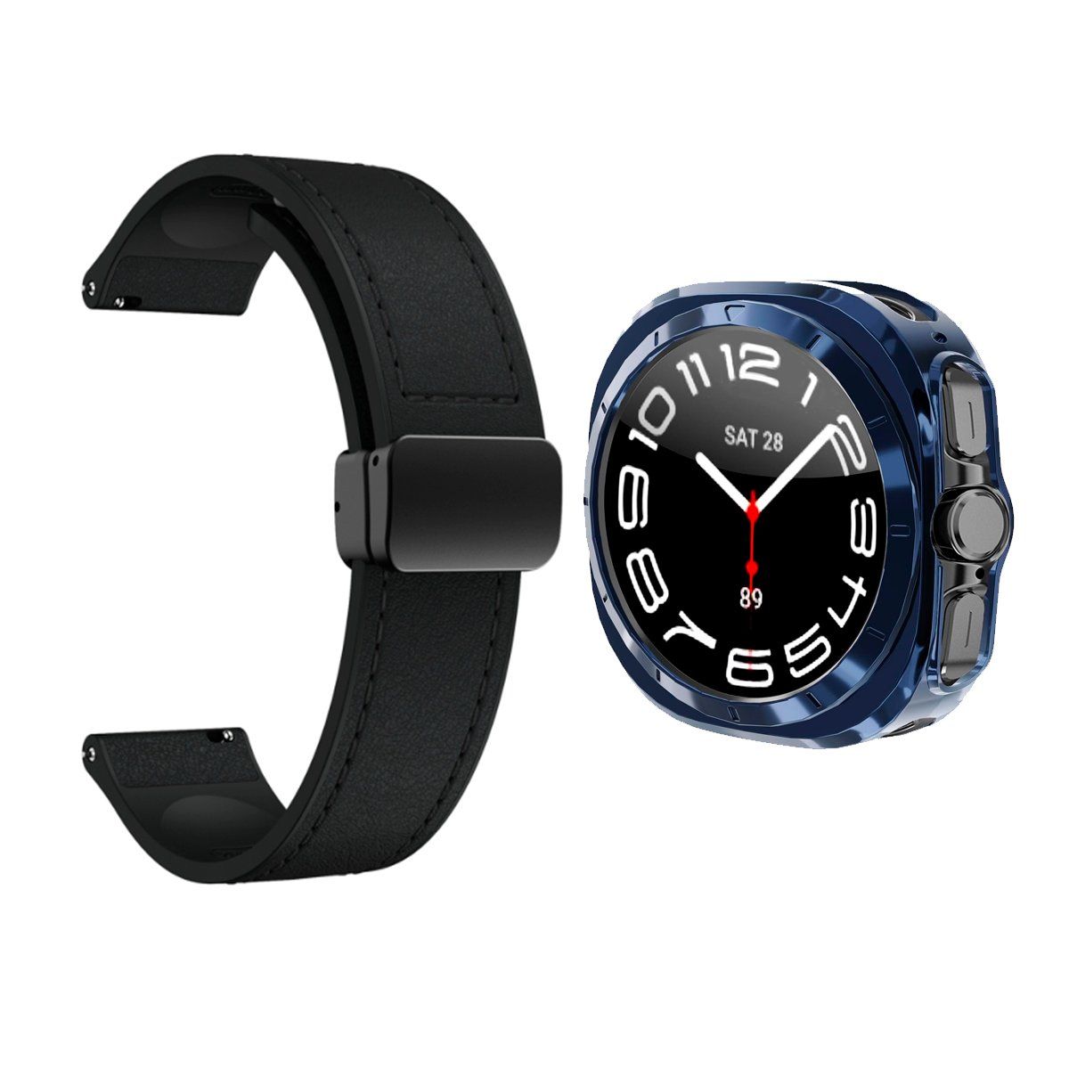 GENERICO - Bumper Azul + Correa De Cuero Para Samsung Watch 7 Ultra 47mm Negro