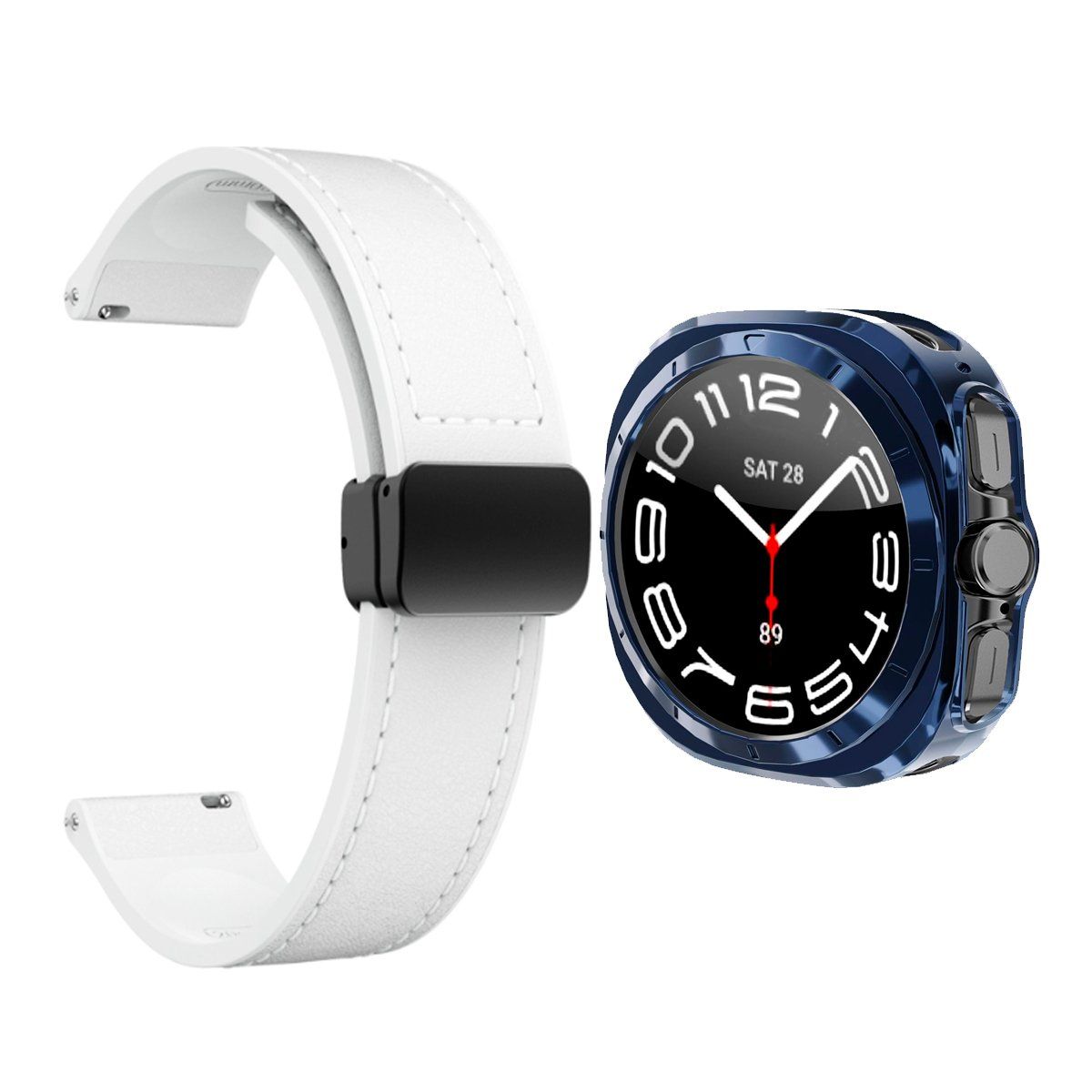 GENERICO - Bumper Azul + Correa De Cuero Para Samsung Watch 7 Ultra 47mm Blanco