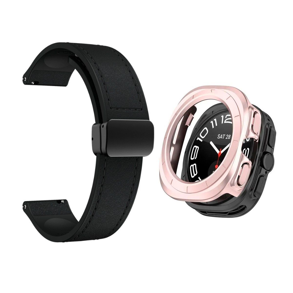 GENERICO - Bumper Rosa + Correa De Cuero Para Samsung Watch 7 Ultra 47mm Negro