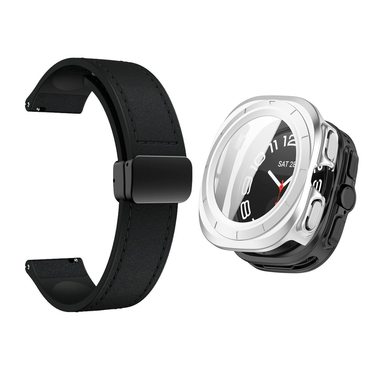 GENERICO - Bumper Plata + Correa De Cuero Para Samsung Watch 7 Ultra 47mm Negro