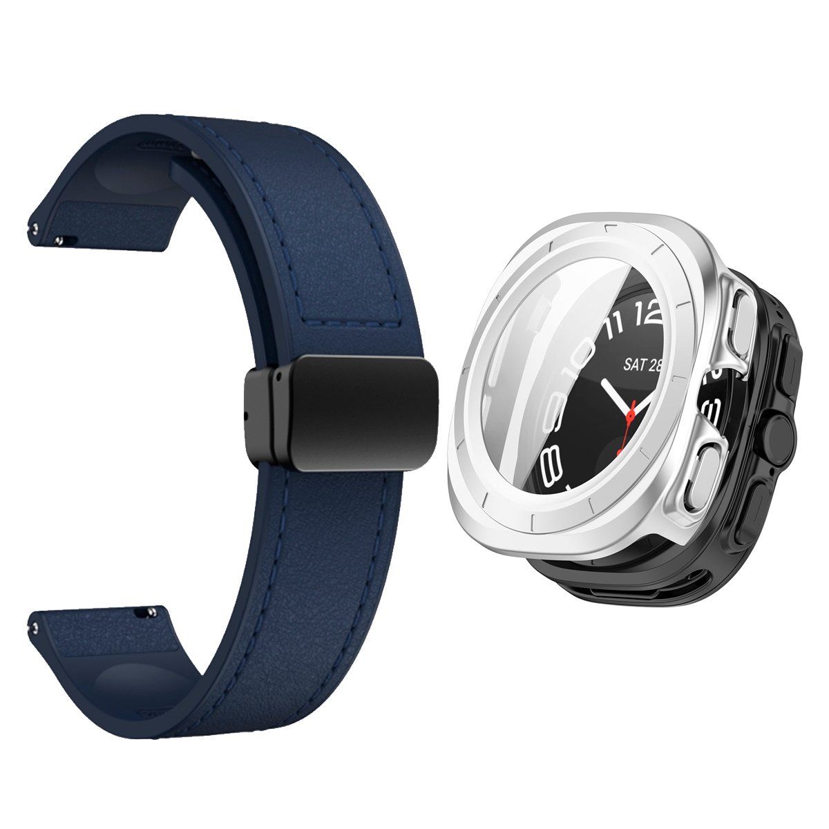 GENERICO - Bumper Plata + Correa De Cuero Para Samsung Watch 7 Ultra 47mm Azul