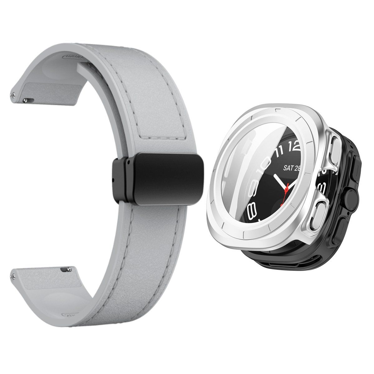 GENERICO - Bumper Plata + Correa De Cuero Para Samsung Watch 7 Ultra 47mm Gris