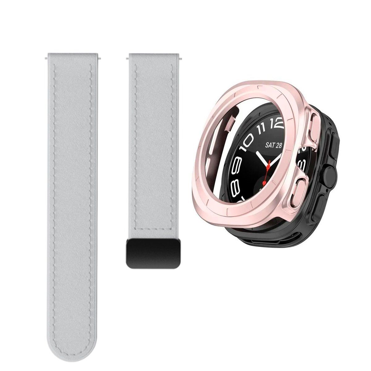 GENERICO - Bumper Rosa + Correa De Cuero Para Samsung Watch 7 Ultra 47mm Gris