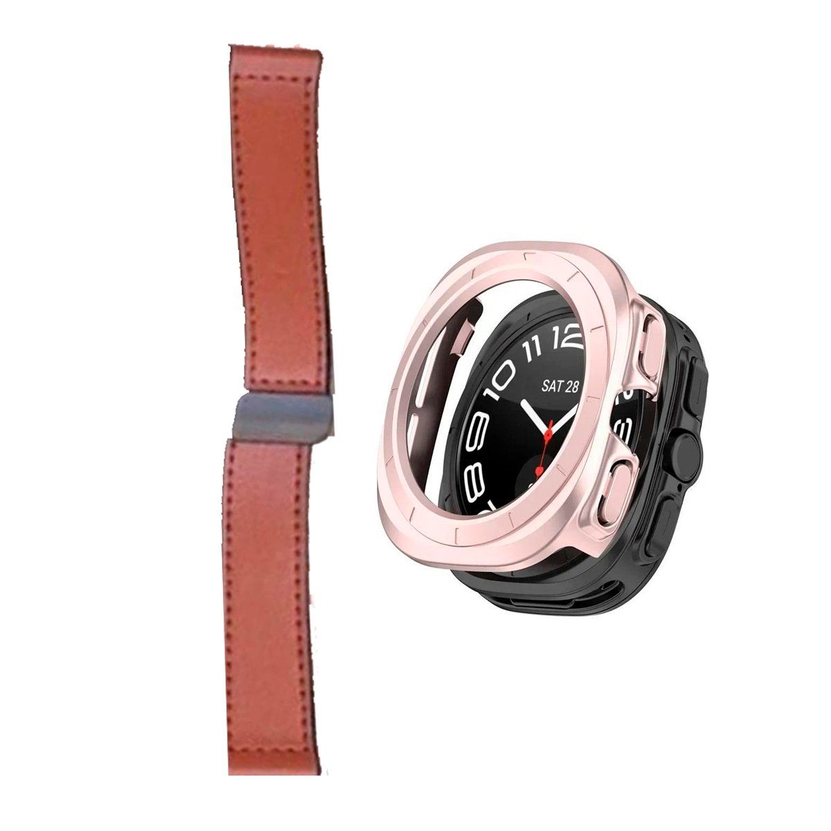 GENERICO - Bumper Rosa + Correa De Cuero Para Samsung Watch 7 Ultra 47mm Marron