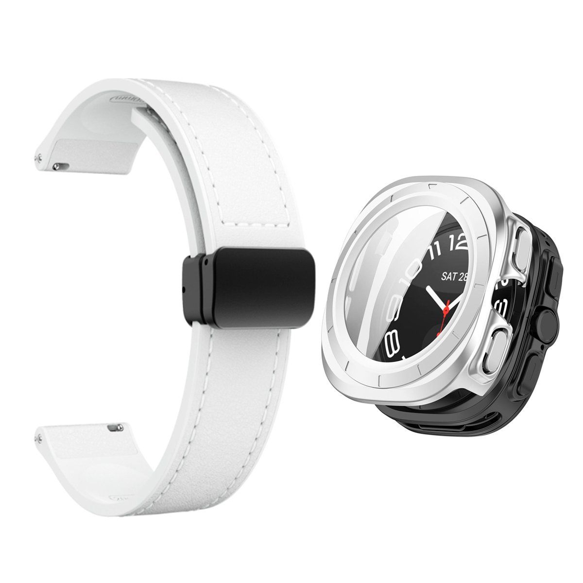 GENERICO - Bumper Plata + Correa De Cuero Para Samsung Watch 7 Ultra 47mm Blanco