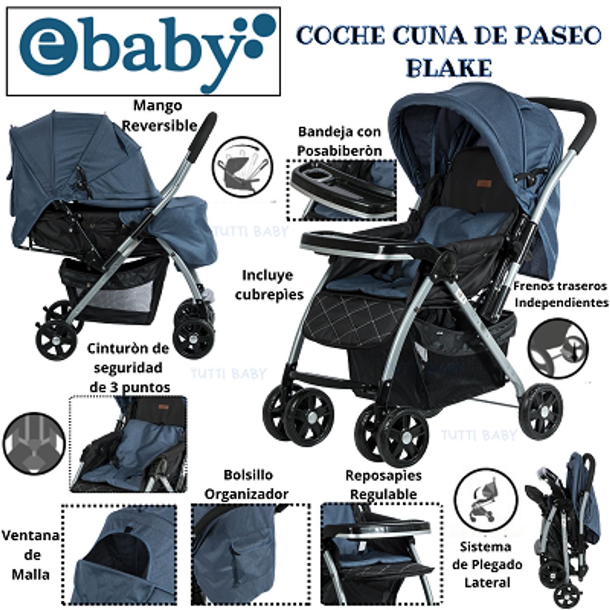 EBABY - COCHE CUNA DE PASEO BLAKE - AZUL