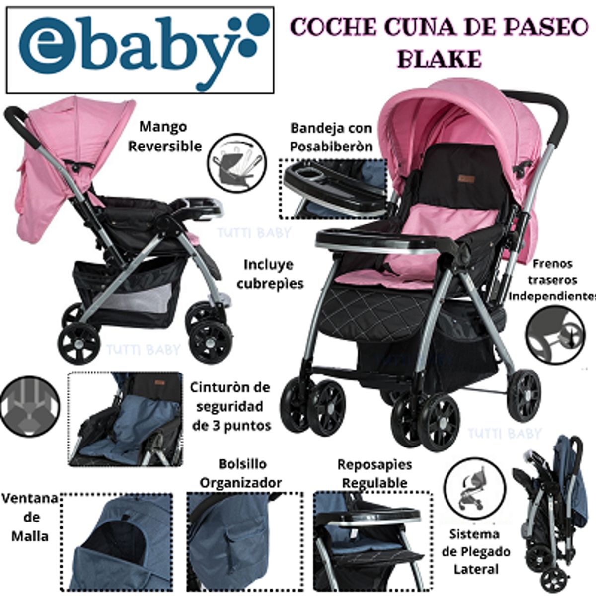 EBABY - COCHE CUNA DE PASEO BLAKE - ROSADO