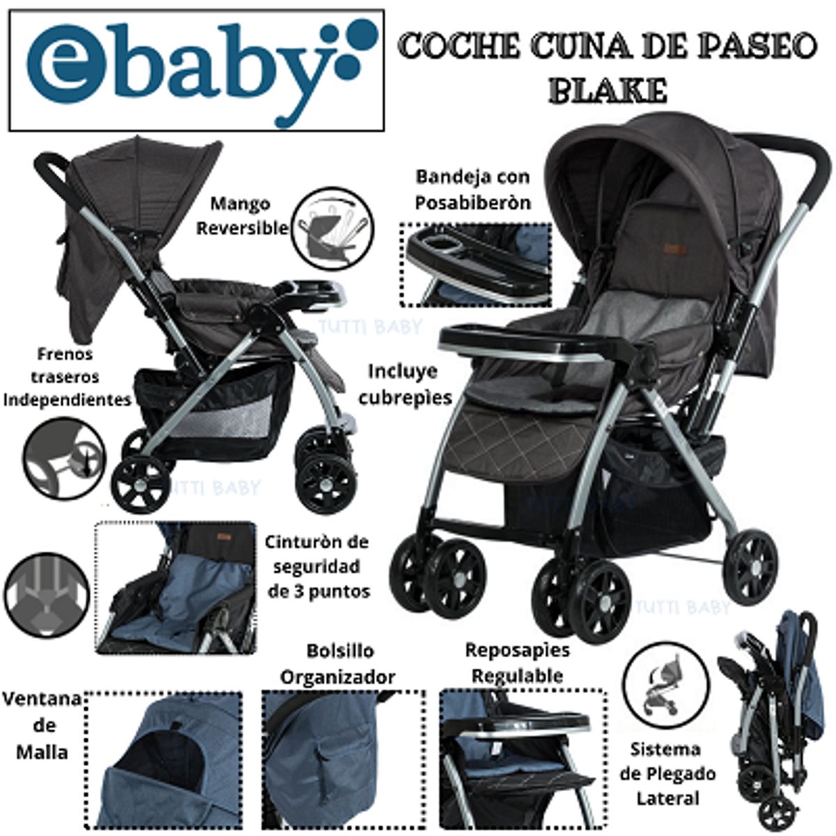 EBABY - COCHE CUNA DE PASEO BLAKE - NEGRO
