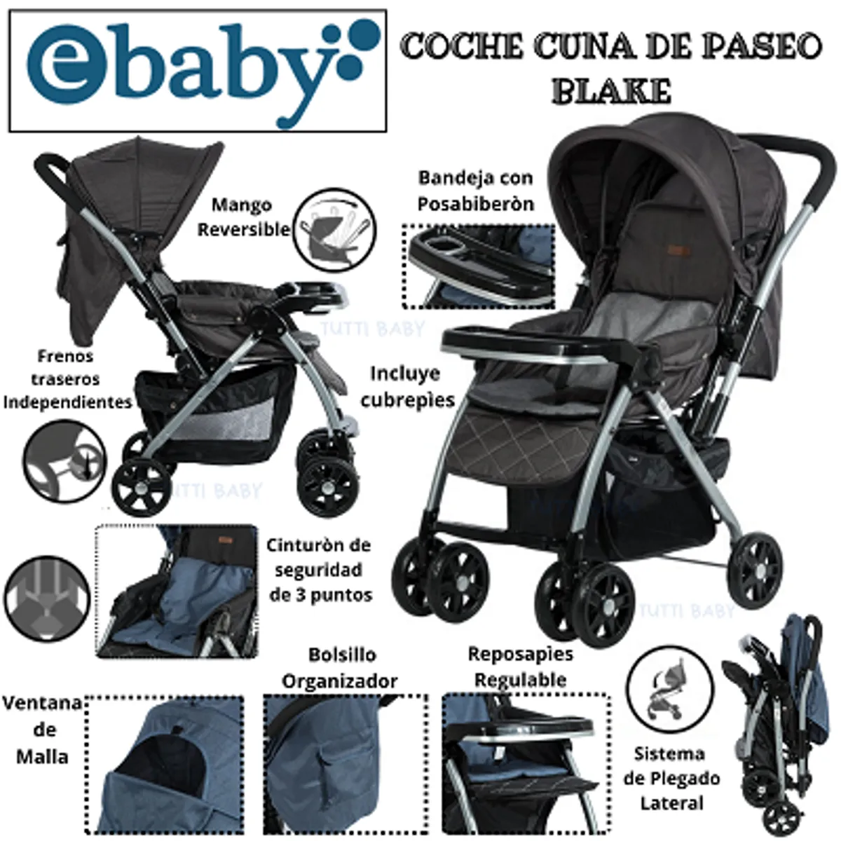 EBABY - COCHE CUNA DE PASEO BLAKE - NEGRO