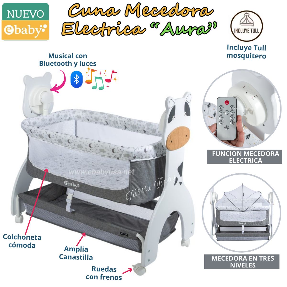 EBABY - Cuna Mecedora Eléctrica Aura Gris