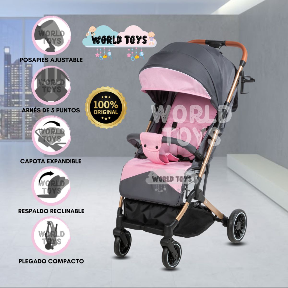 BEAUTIFUL - Coche Maleta de Lujo «LAINEE» de Fácil Plegado Rosado