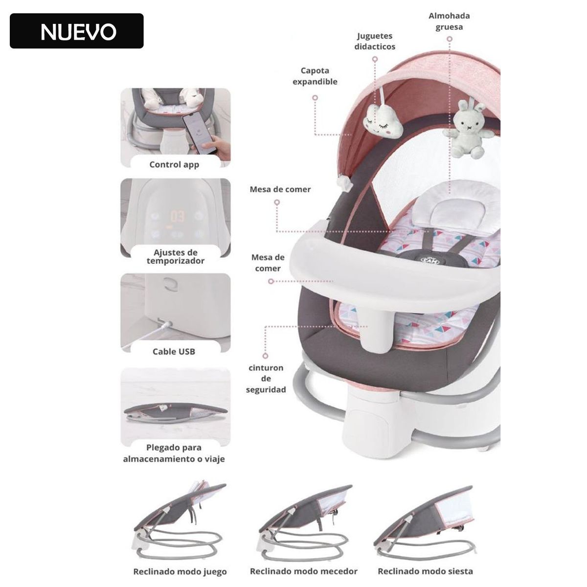 GENERICO - Silla Mecedora para Bebe 3 en 1 Rosado