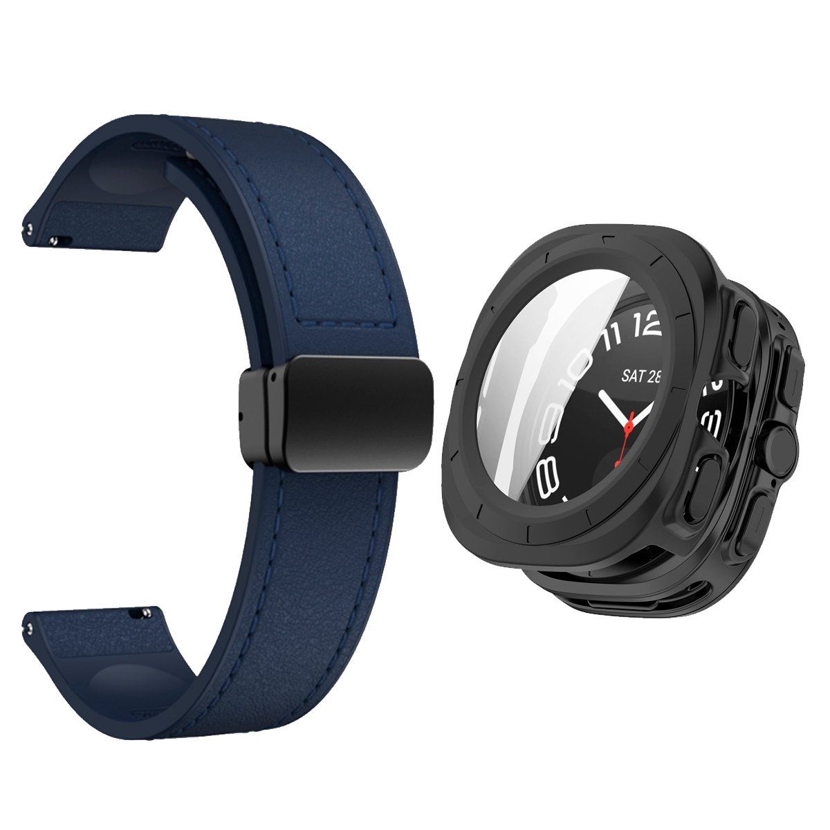 GENERICO - Cover Bumper Negro + Correa Leather para SAMSUNG WATCH 7 ULTRA 47MM Azul