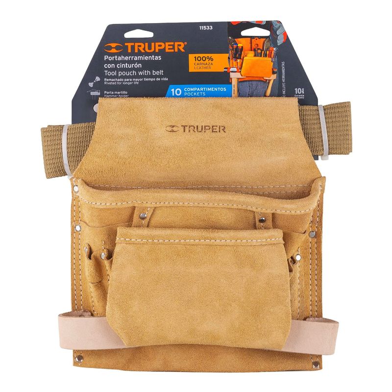 TRUPER - Cinturón Porta Herramientas de Carnaza, 10 Compartimentos
